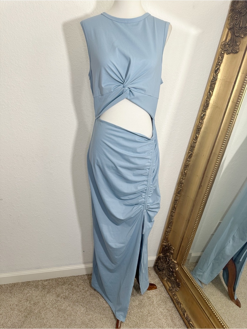 New Amazon Twist Front Cut Out Draped Ruched Maxi Dress in Blue Size Large